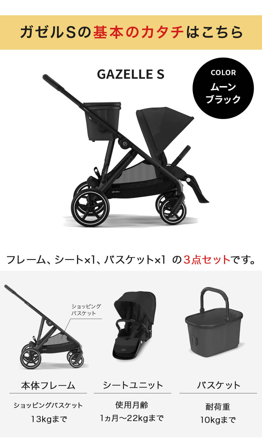 【2人乗りセット】cybex ガゼルS+シートユニットセット / ムーンブラック cybex GAZELLE S